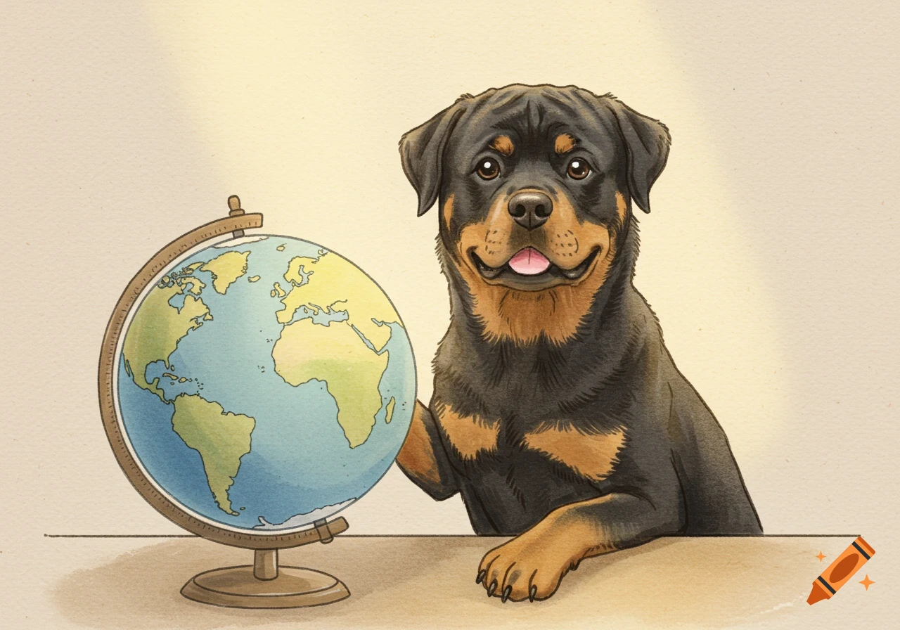 A smiling Rottweiler dog with a pink tongue out, resting its paw on a watercolor world globe. The illustration is in a soft, muted children's book style with a paper texture.