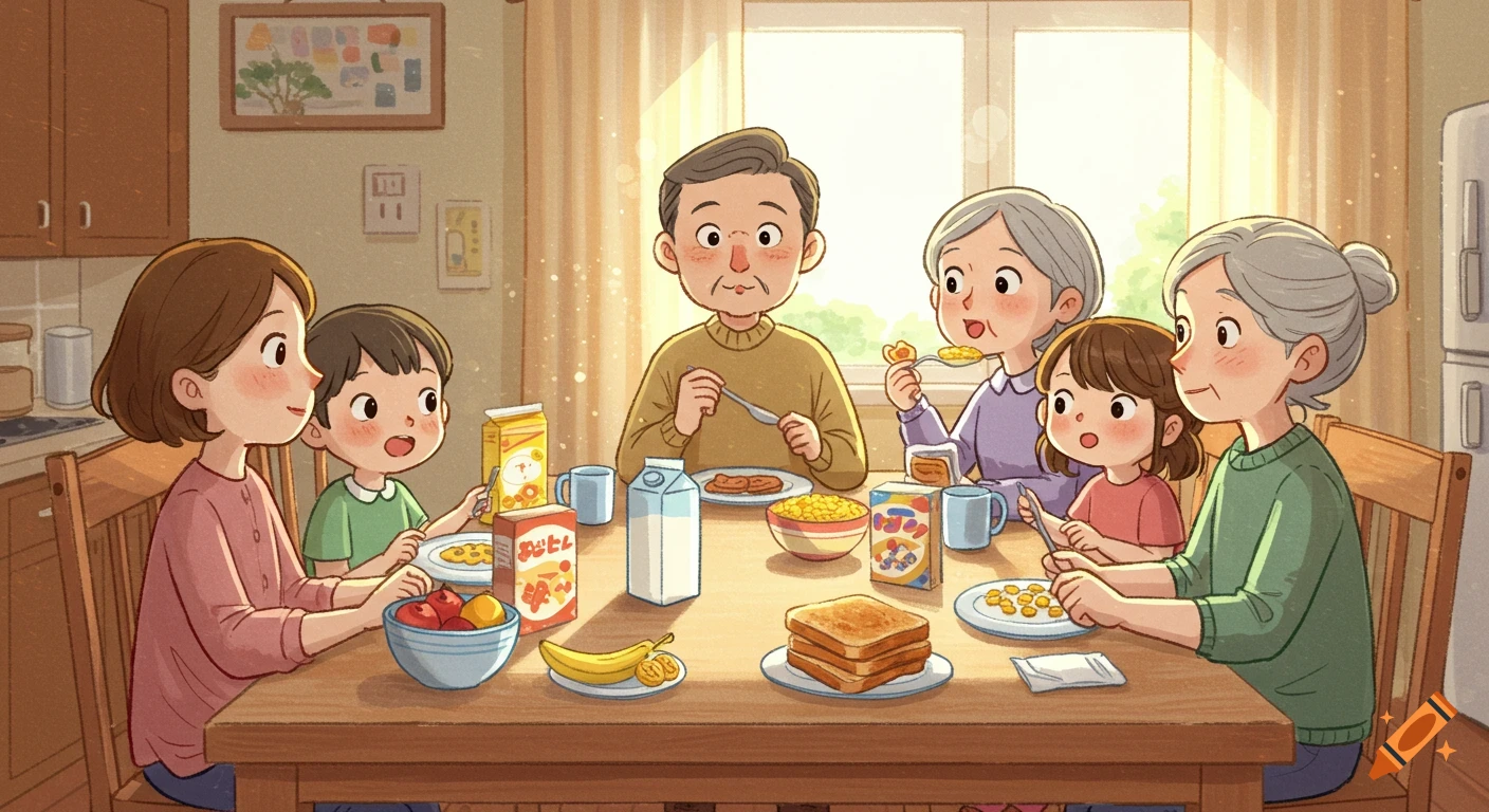 A multi-generational family enjoys breakfast at a sunlit wooden table in a cartoon illustration.