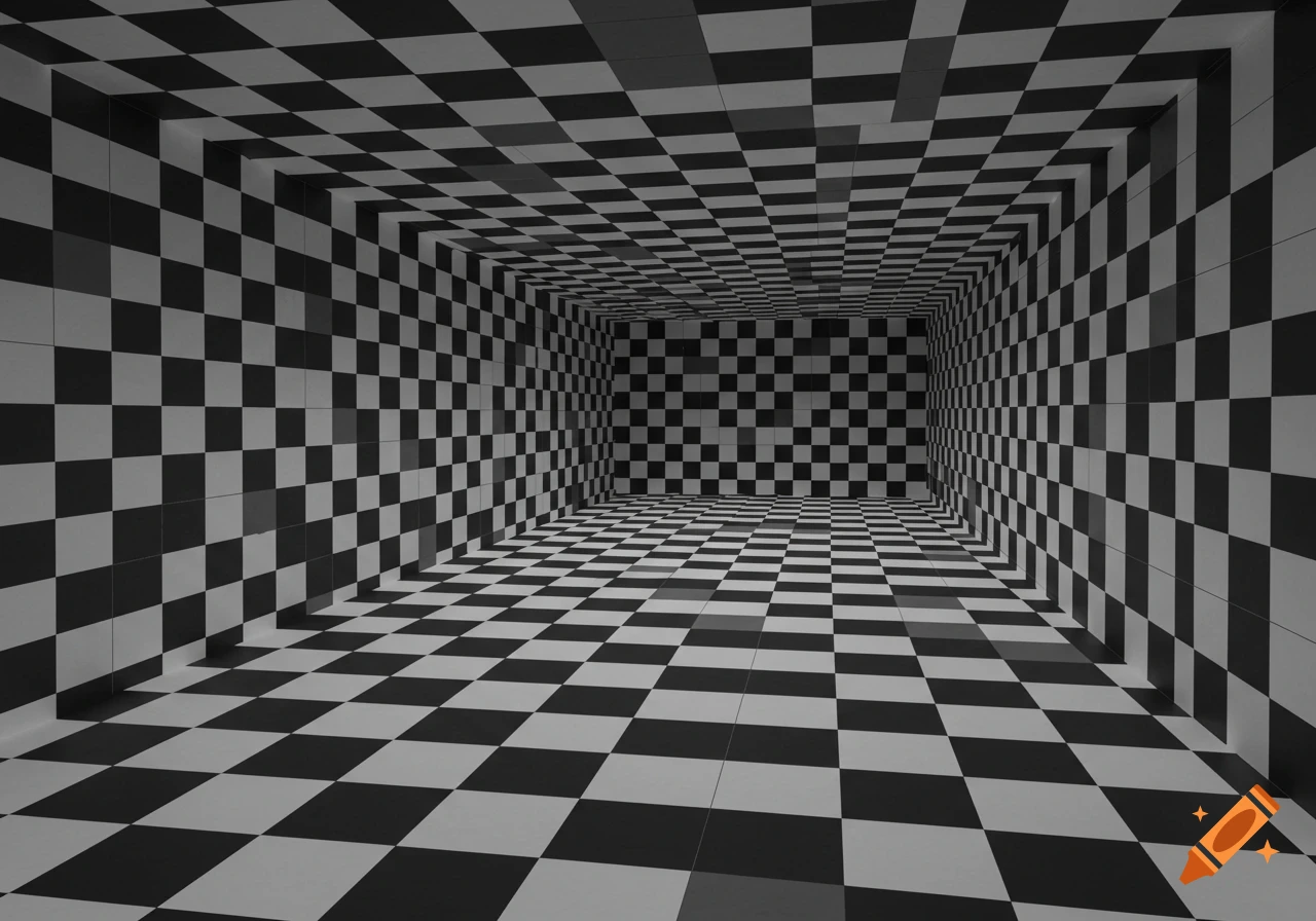 A photorealistic empty room with all surfaces – floor, walls, and ceiling – covered in a black and white checkerboard pattern.