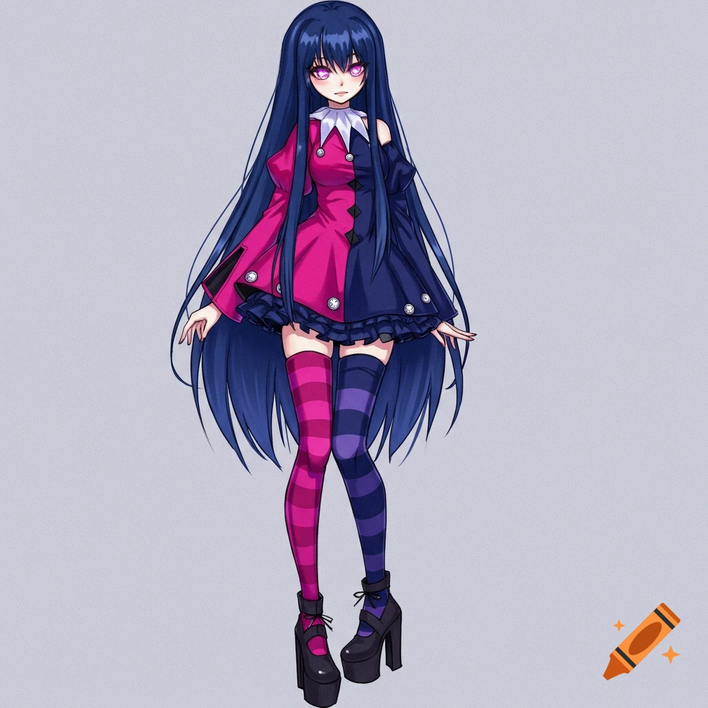 Anime girl with long navy blue hair and glowing pink eyes, wearing a pink and dark blue jester dress, striped socks, and platform heels.