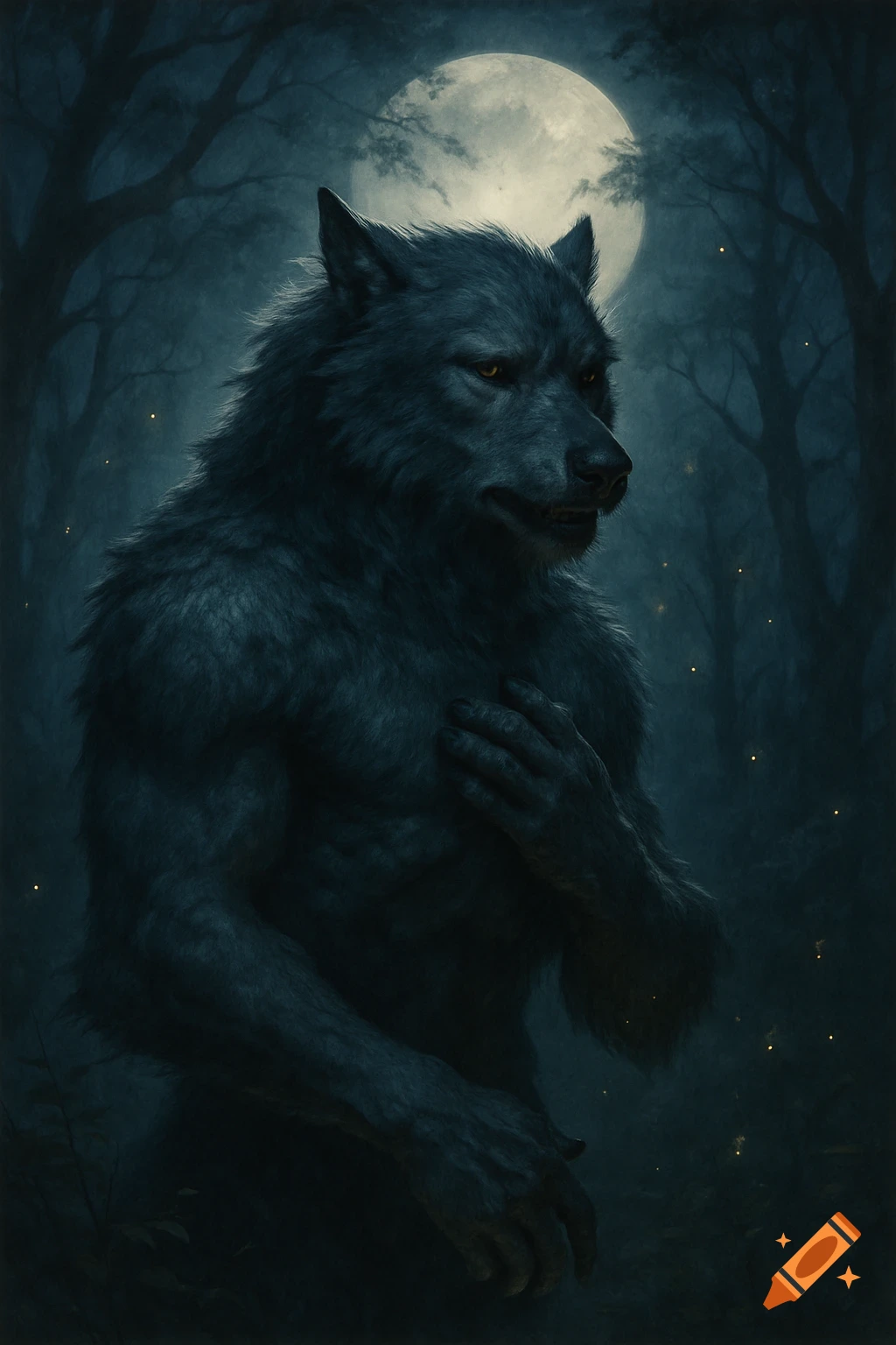 A dark werewolf with glowing yellow eyes stands in a moonlit forest, one hand on its chest.
