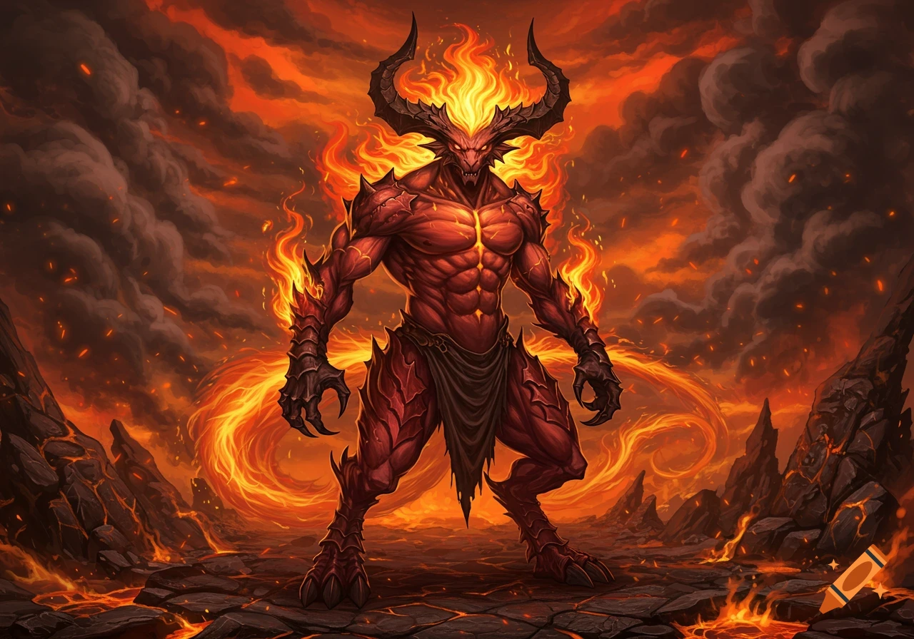A red, muscular demon with large horns, sharp claws, and a body wreathed in flames stands on a cracked lava landscape under a fiery, smoky sky.
