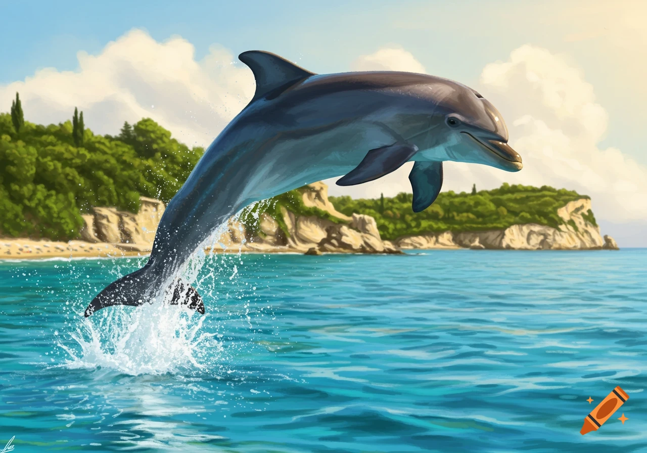 A dolphin leaps gracefully out of turquoise ocean water, splashing, with a green, forested coastline under a sunny sky.