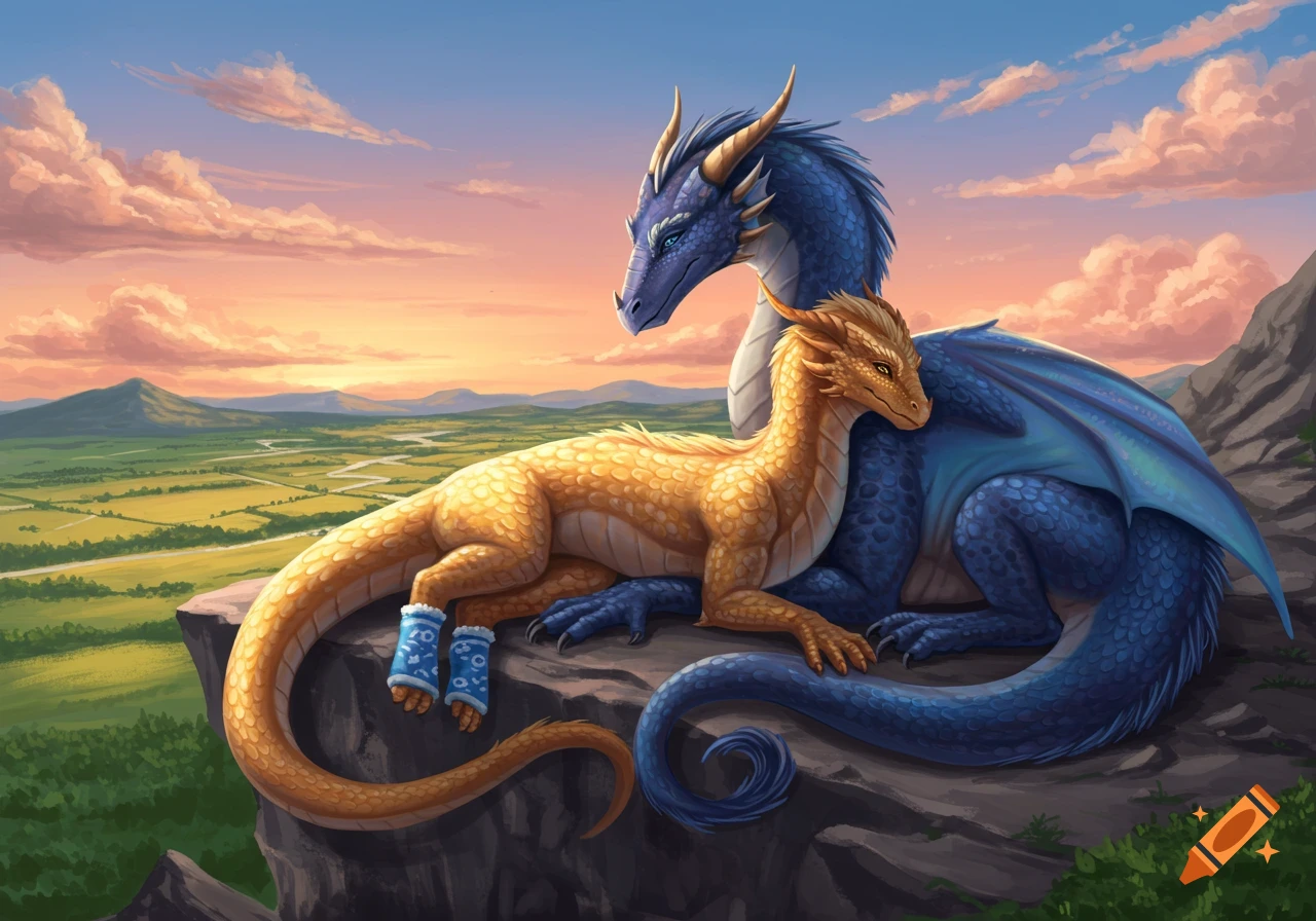 A blue dragon and a golden dragon with blue socks cuddle on a cliff overlooking a green valley at sunset, in a detailed illustration.