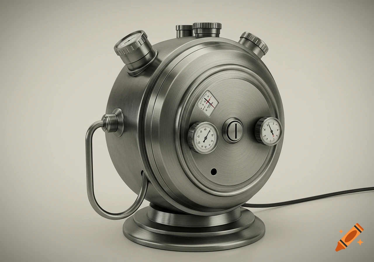 A close-up, angled shot of a brushed silver metal steampunk-style device with multiple gauges, knobs, a handle, and a cord on a light background.