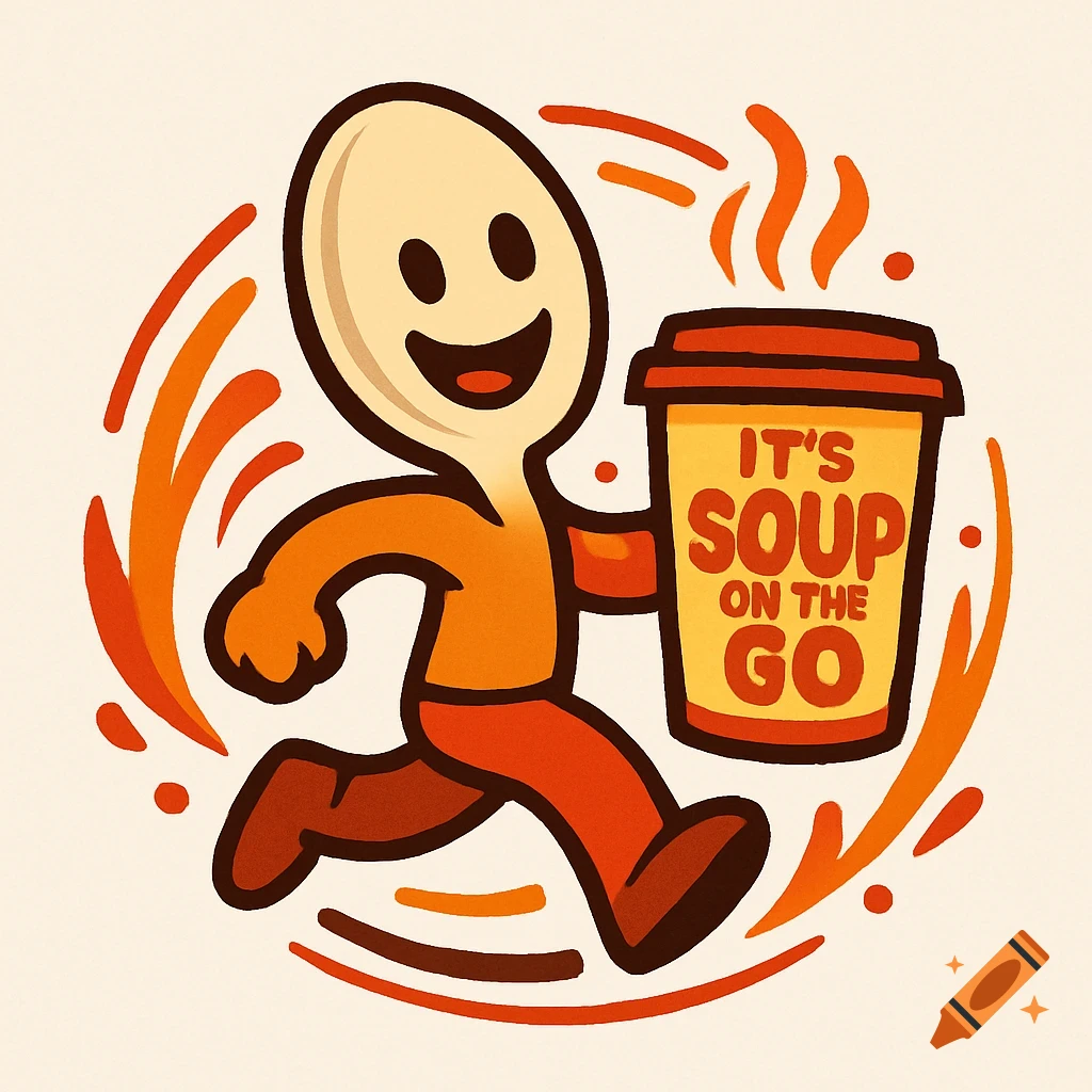Cartoon logo of a happy spoon mascot running with a hot soup cup that says "IT'S SOUP ON THE GO".