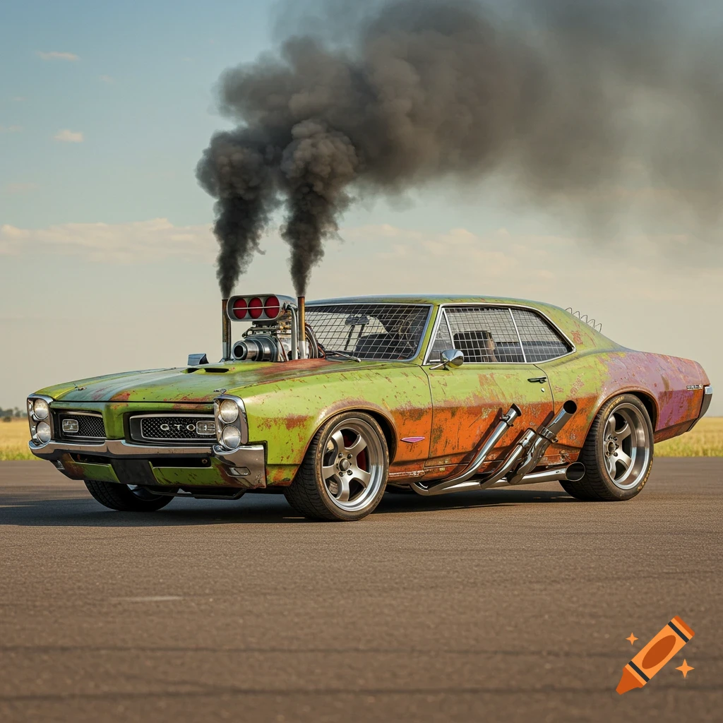 A rusty, custom Pontiac GTO muscle car with a supercharger, mesh windshield, side exhausts, and black smoke billowing from its hood, sits on asphalt.