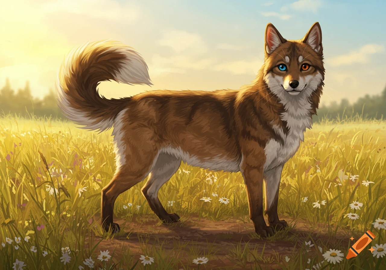 A brown and white dog-like creature with heterochromia stands in a sunlit field of tall grass and wildflowers.