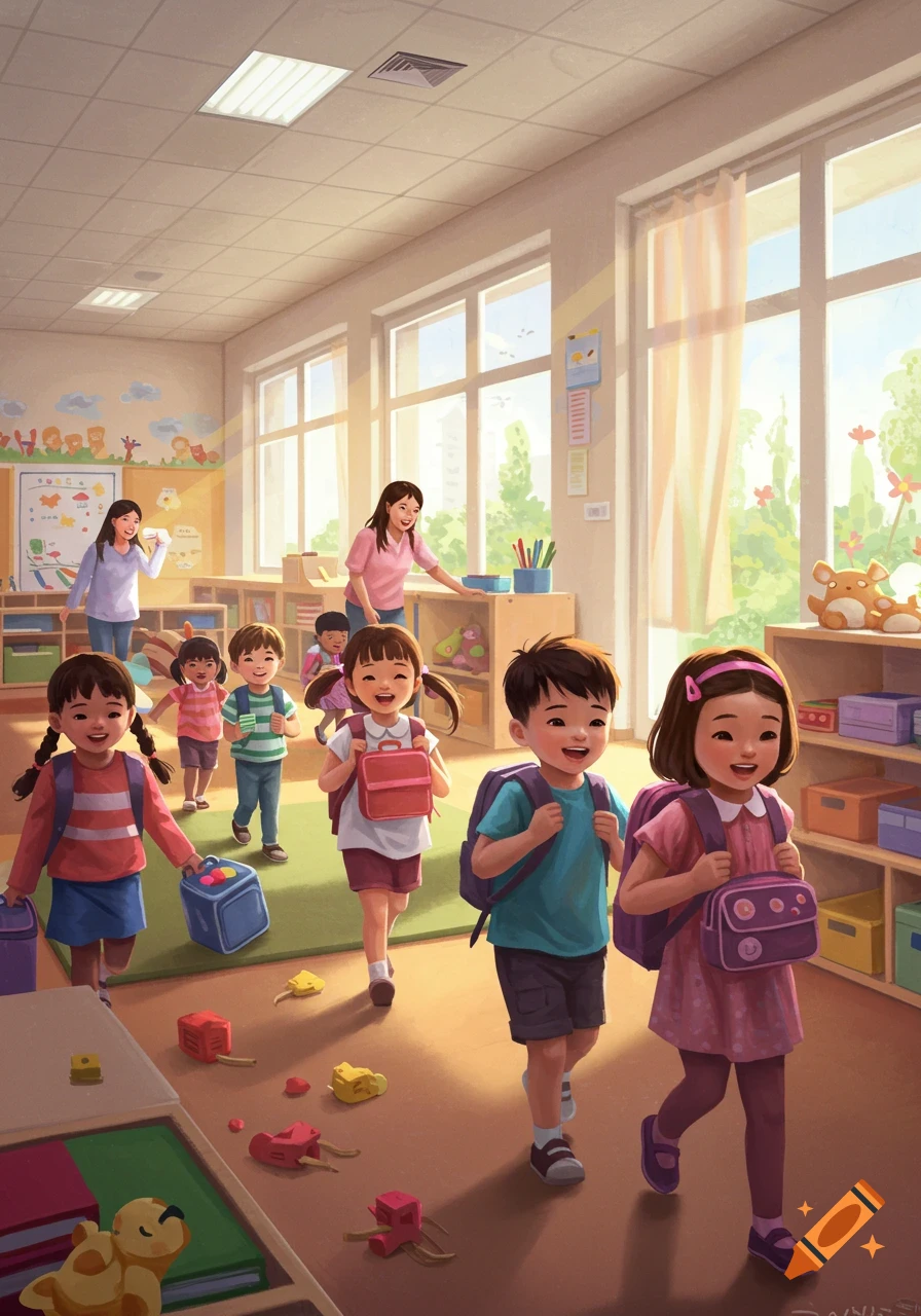 Happy children with backpacks and lunchboxes walk through a bright, sunny classroom with teachers in an illustration.