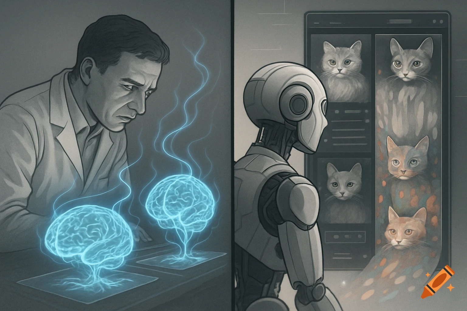 A split screen illustration with a scientist studying glowing brains on one side and a robot observing images of cats, one dissolving, on the other.