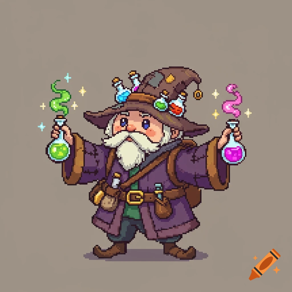 Pixel art character of a portly wizard with a white beard, purple robe, and brown hat, holding glowing green and pink potions.