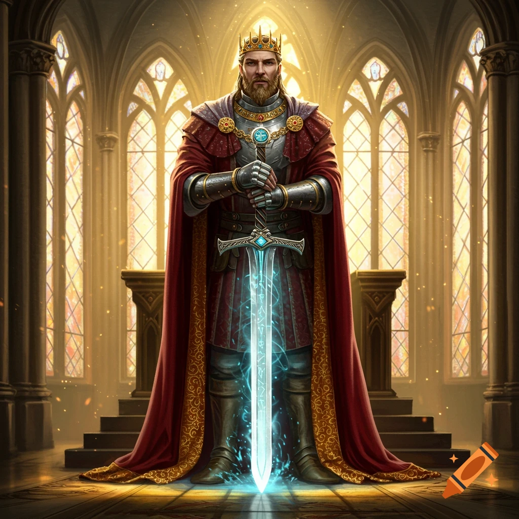 A king in ornate armor and a red cape holds a glowing blue sword in a grand cathedral, digital art.