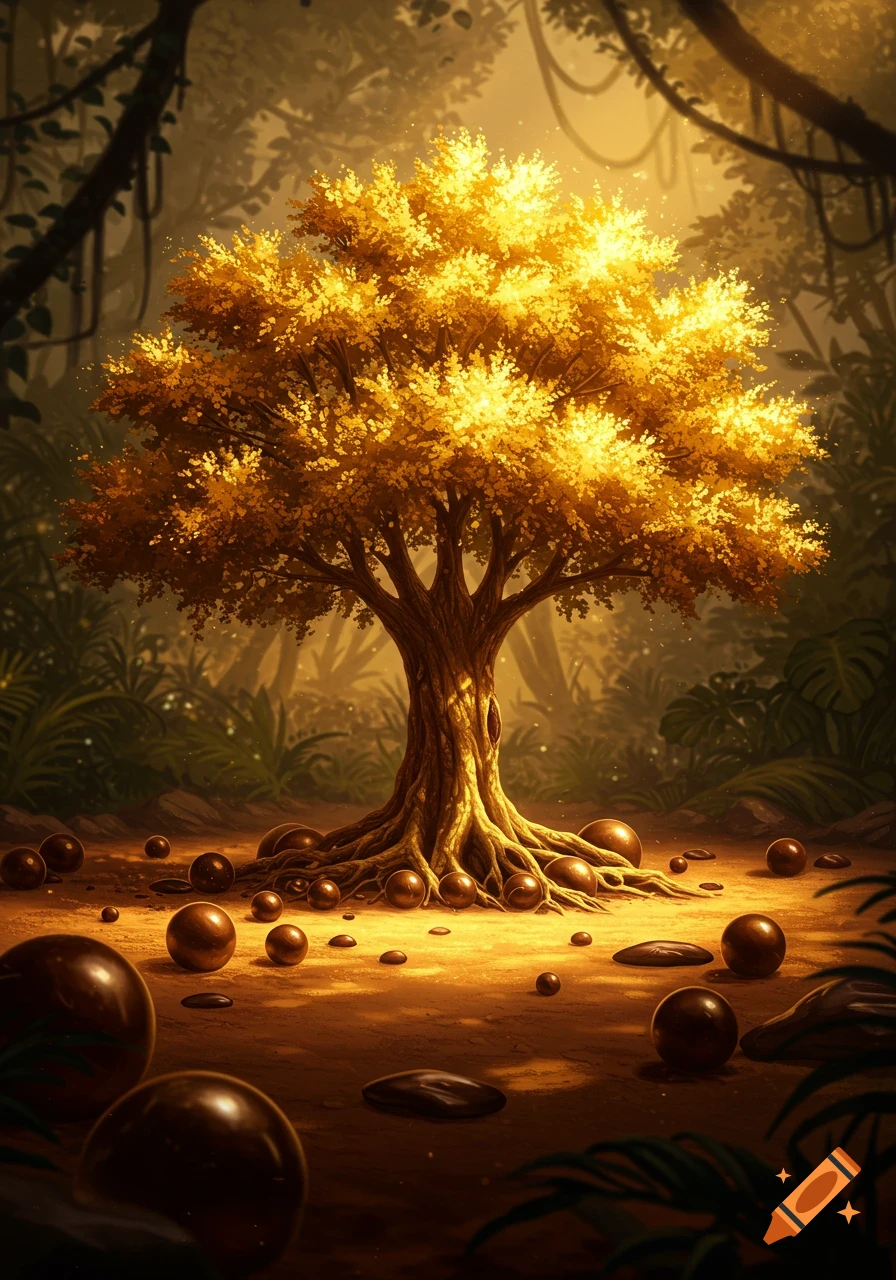 A majestic golden tree with glowing leaves and exposed roots in a lush, sunlit jungle, surrounded by dark chocolate-like spheres.