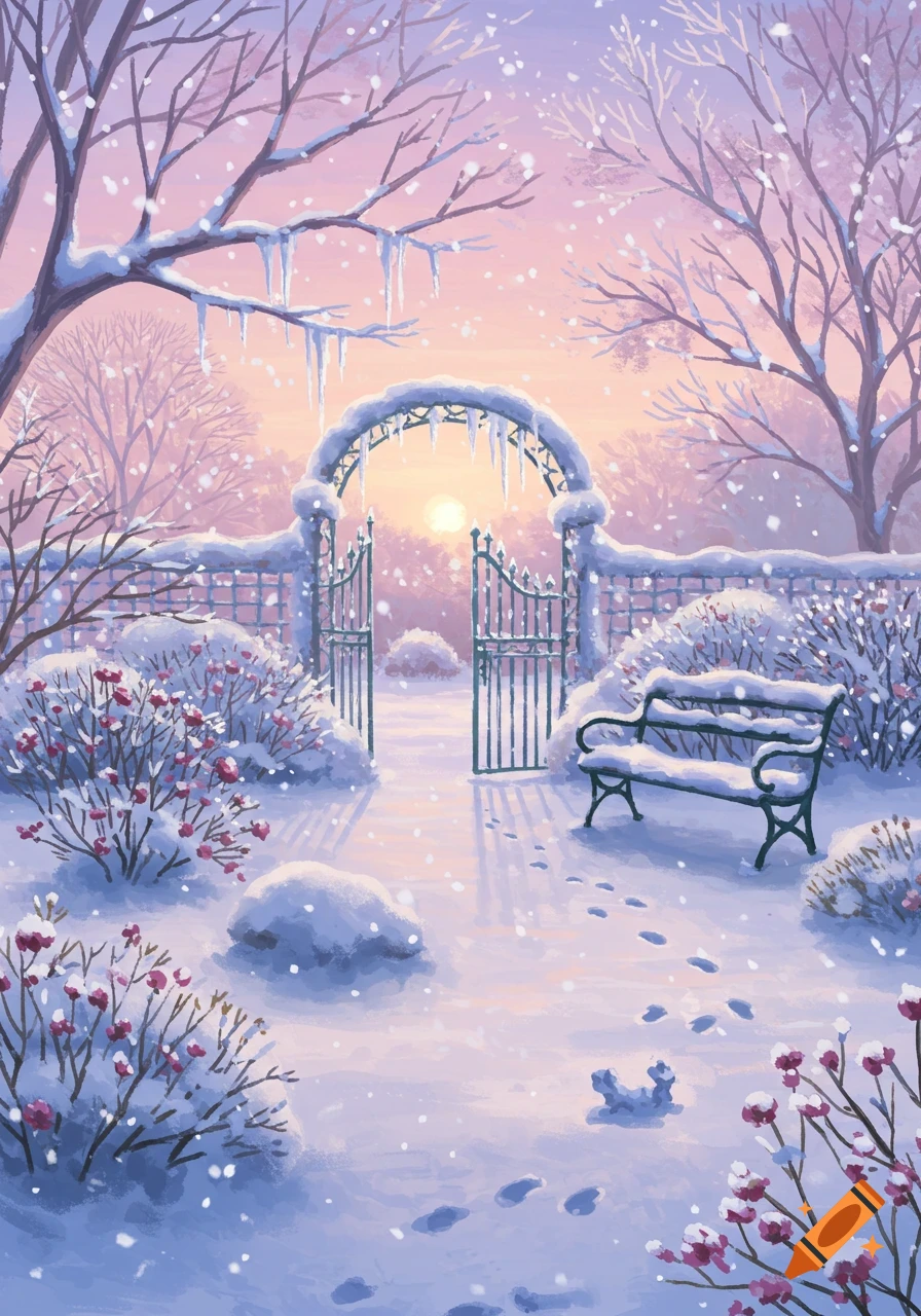 Illustration of a serene snowy garden at sunset, with an archway, bench, and footprints in the snow.
