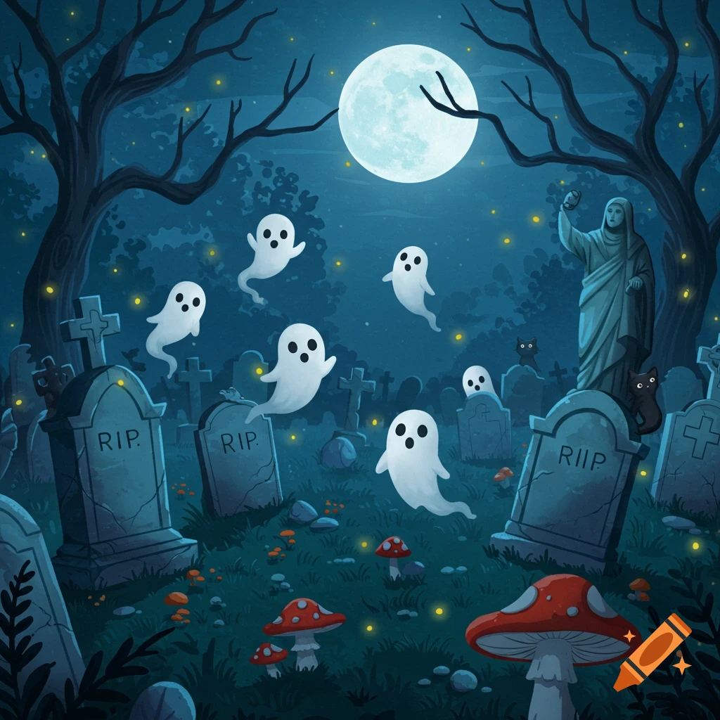 Whimsical cartoon graveyard at night with cute floating ghosts, black cats, stone statue, glowing fireflies, and red mushrooms under a full moon.