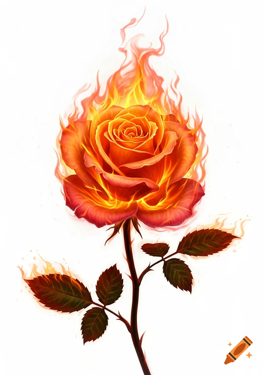 An artistic illustration of an orange and red rose engulfed in bright flames, set against a white background.