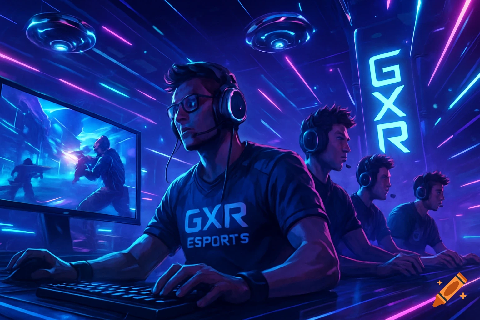 Digital art of a team of male esports gamers wearing headsets and GXR ESPORTS shirts, playing in a neon blue and purple lit room.