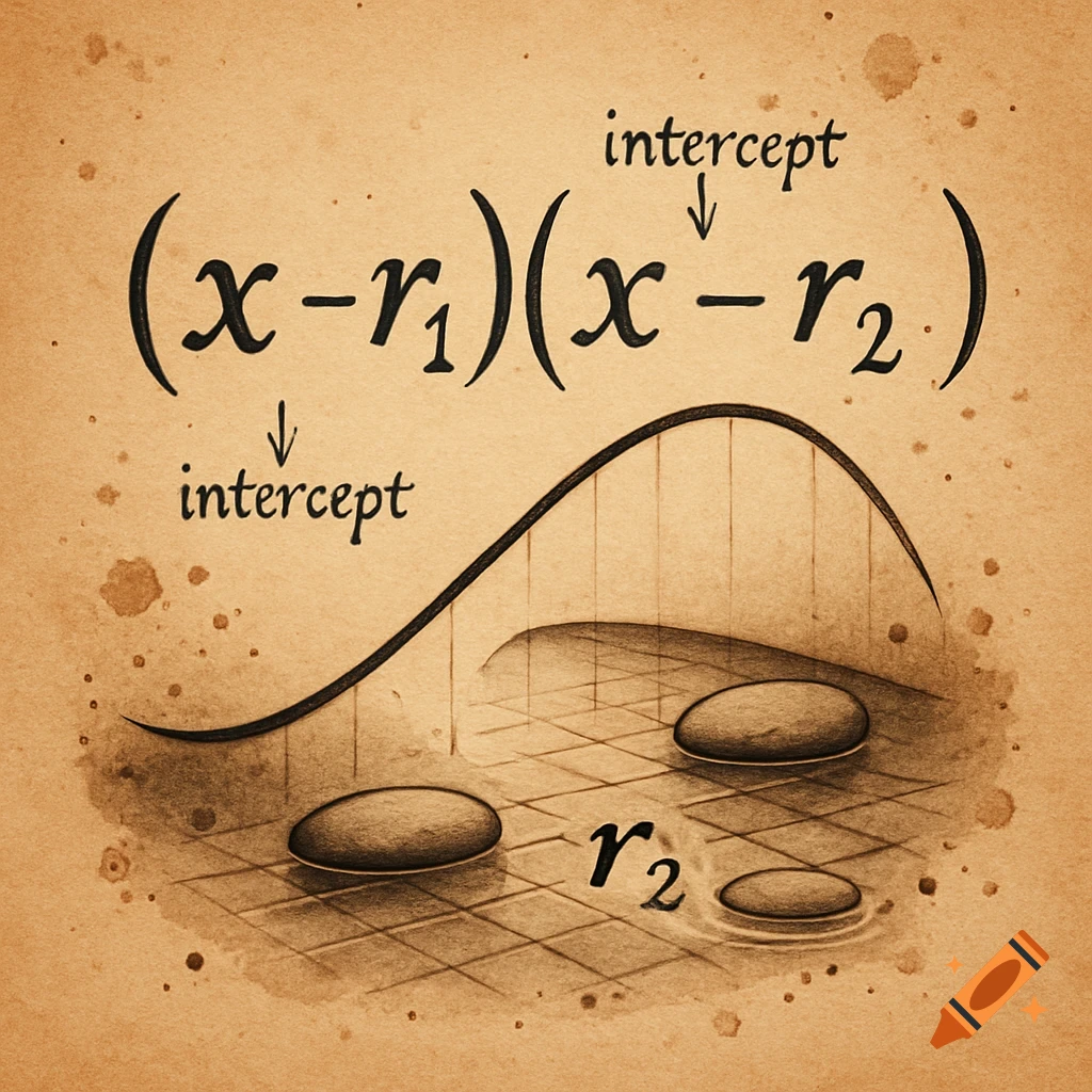 Stylized mathematical diagram on textured paper. A quadratic equation (x-r1)(x-r2) with a parabola over root stepping stones and intercept labels.