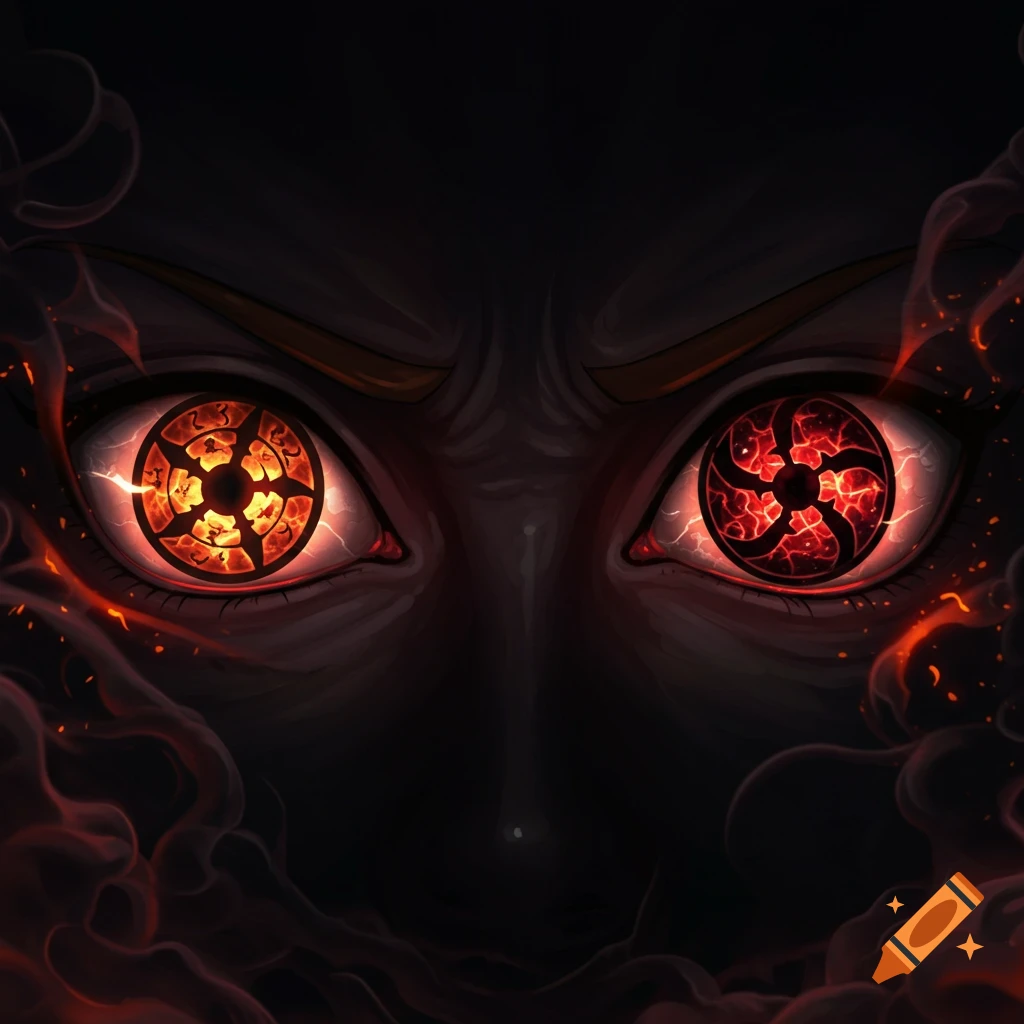 Close-up of intense, glowing red and orange anime eyes with intricate circular patterns, surrounded by red smoke against a dark background.