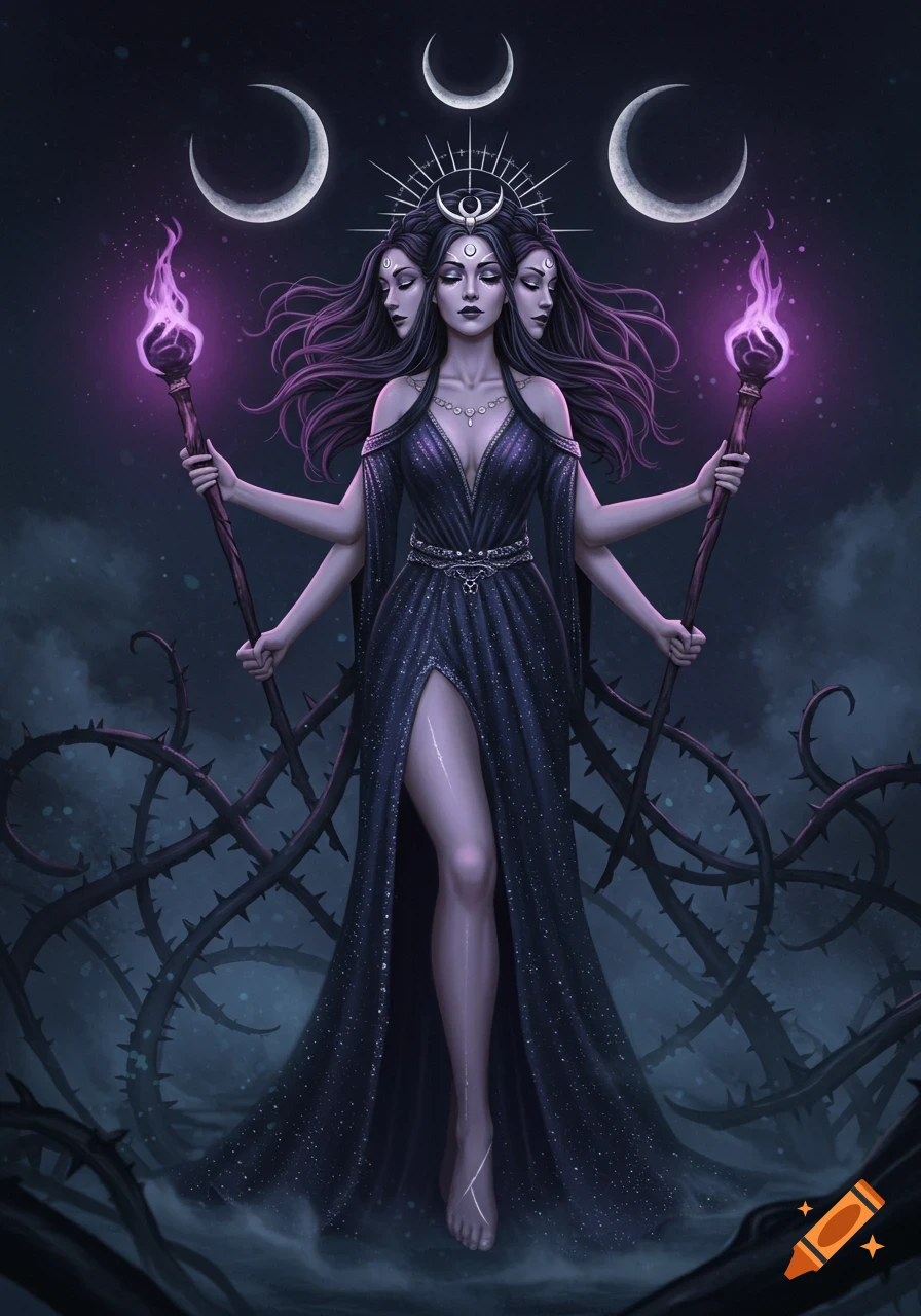 Mystical dark art of Hecate, a three-faced goddess with multiple arms, holding purple flaming staffs, under crescent moons.