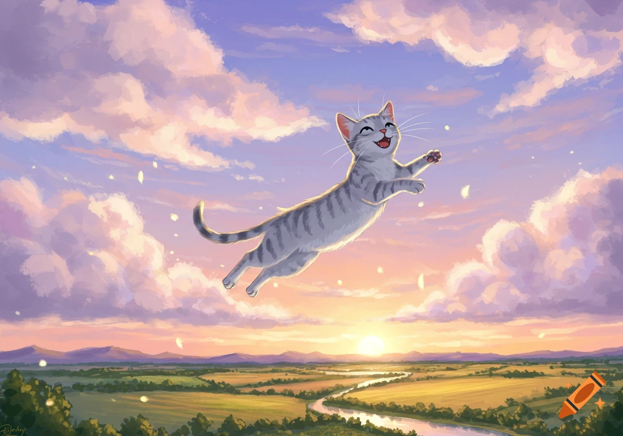A happy grey tabby cat floats in a vibrant sunset sky filled with pink and purple clouds, over a lush green landscape with a winding river.