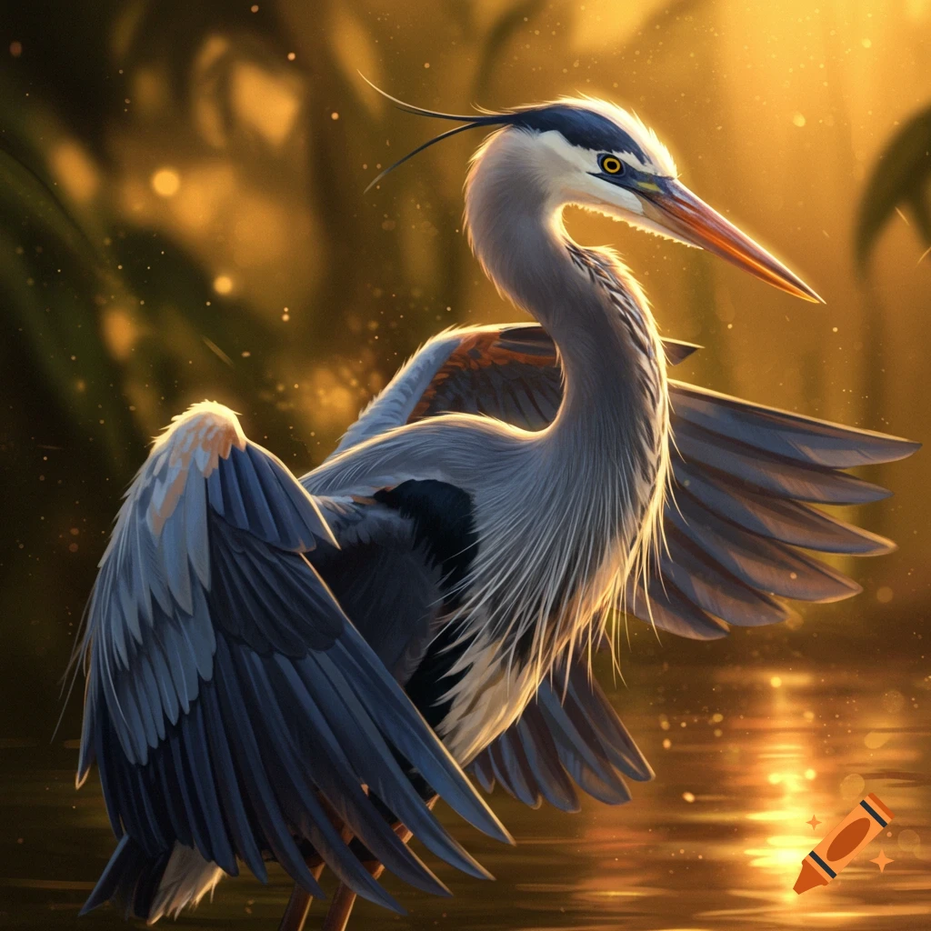 A blue heron with spread wings, backlit by golden sunlight over water, in a detailed, artistic style.