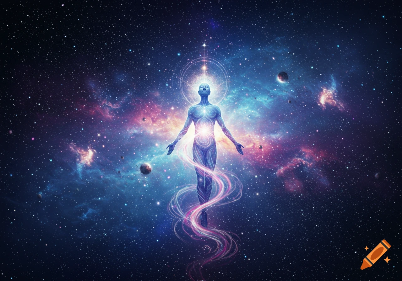 A glowing, ethereal human-like figure stands with arms outstretched in a vibrant cosmic background with stars and nebulae.