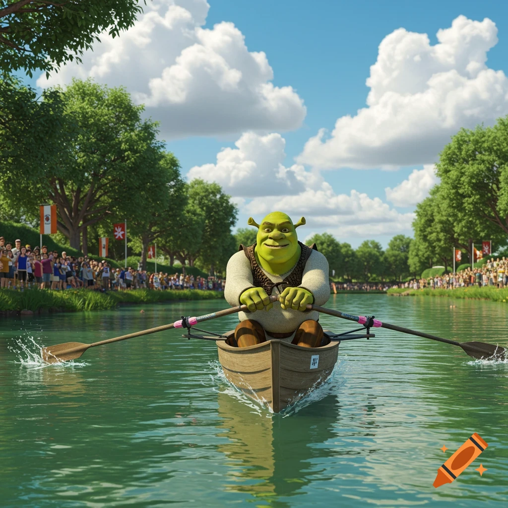 Shrek rows a sculling boat during a regatta on a river, with crowds and trees on the banks under a blue sky.