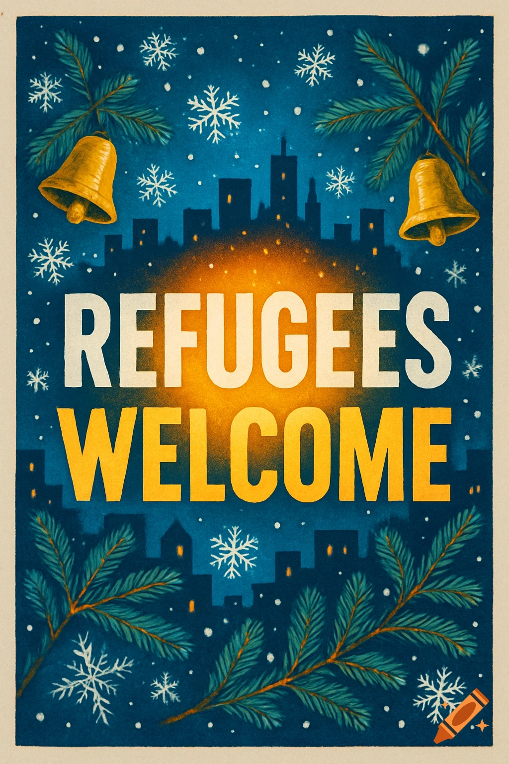 Stylized winter poster with 'REFUGEES WELCOME' text, featuring a snowy city skyline, pine branches, and golden bells.