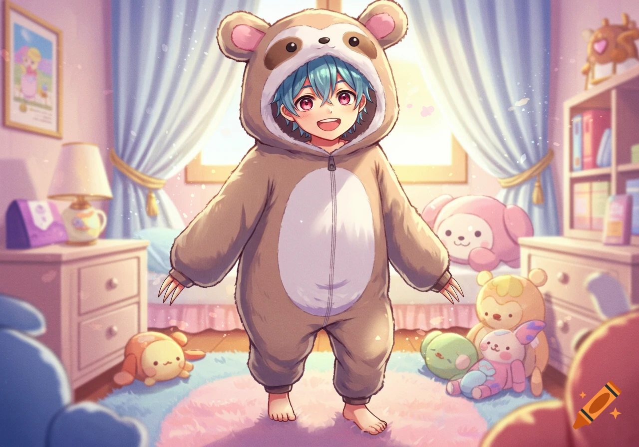 An anime boy with blue hair and red eyes smiles while wearing a brown sloth onesie in a pastel-colored bedroom filled with stuffed animals.