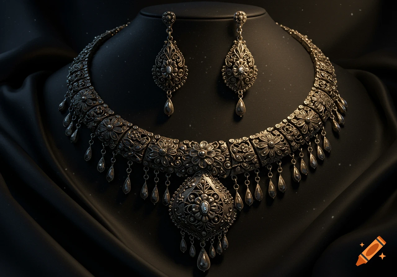 An ornate antique-style silver necklace with a large pendant and matching teardrop earrings, displayed on black draped fabric.