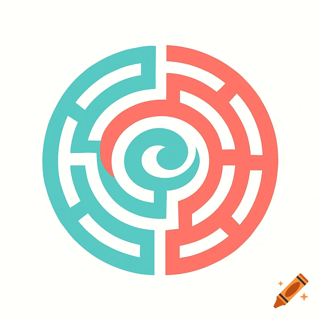 A bicolor circle logo designed as a stylized labyrinth in teal and coral colors, with a central swirl.