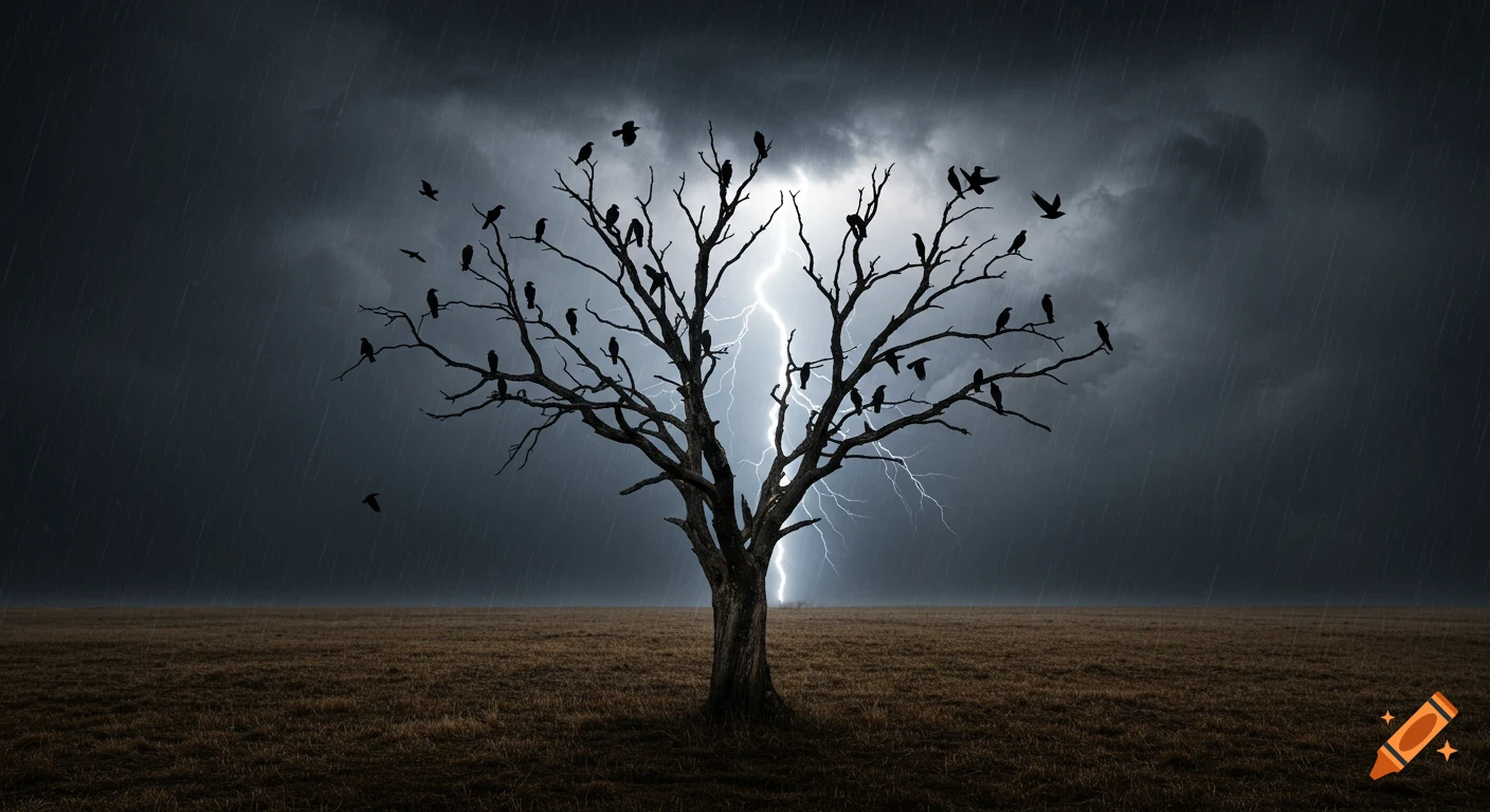 A dead tree with many crows on its branches stands in a desolate field during a thunderstorm with lightning and rain. Photorealistic.