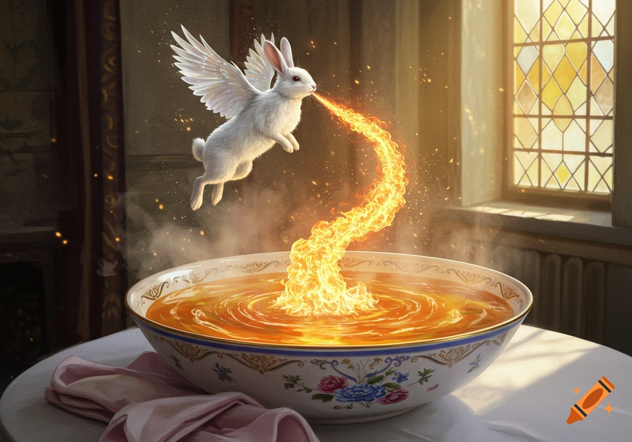 A white winged rabbit breathes fire into a large, decorative soup bowl, set on a table in a grand room.