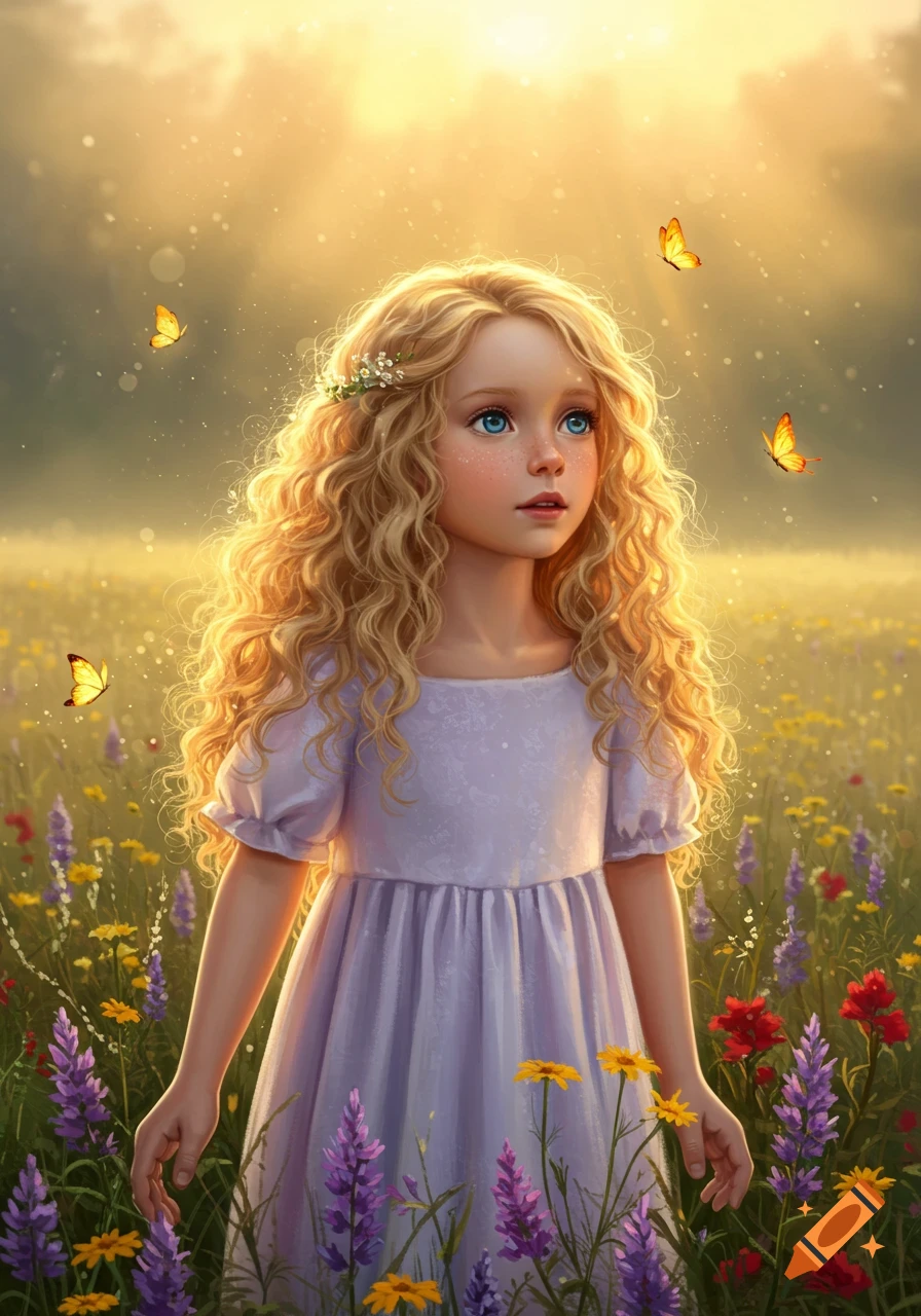 A young girl with long blonde curly hair and blue eyes stands in a vibrant field of wildflowers with butterflies, bathed in golden light.