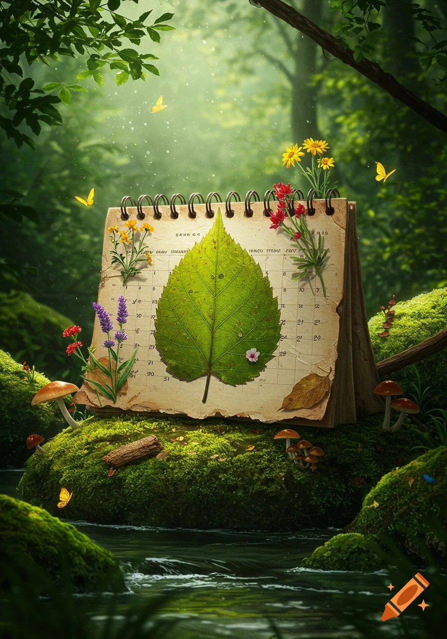 A whimsical calendar with a large green leaf, wildflowers, and mushrooms on mossy rocks beside a stream in a sun-dappled forest.