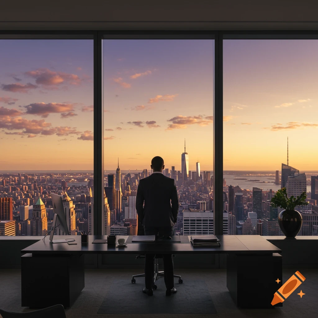 A man in a suit looks out from a high-rise office window at a sprawling city skyline during sunset.