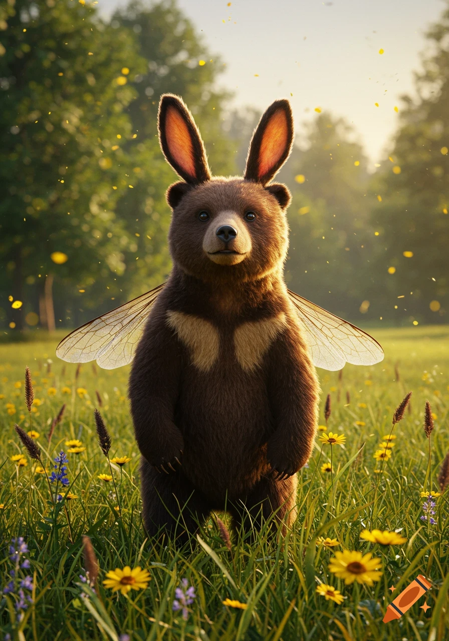 A whimsical brown bear with long bunny ears and translucent bee wings stands in a sunny field of wildflowers.