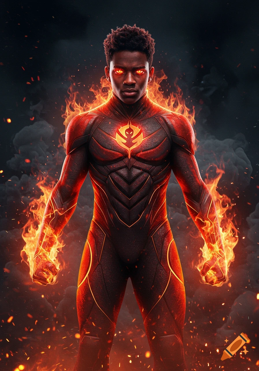 A realistic cinematic portrait of a dark-skinned male superhero engulfed in flames, with glowing red eyes and a flame symbol on his chest.
