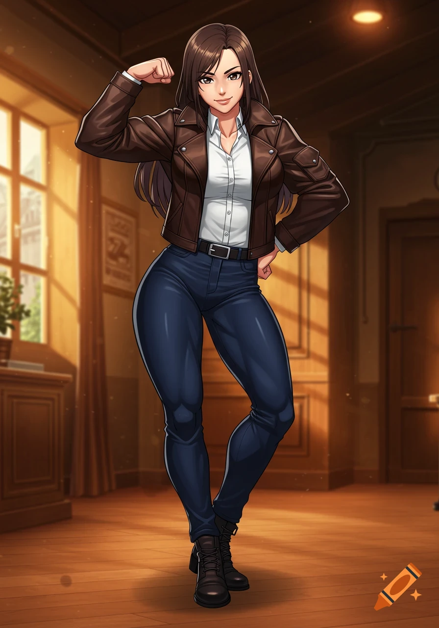 Anime art style of a confident woman in a leather jacket and jeans, flexing her bicep in a spacious room.