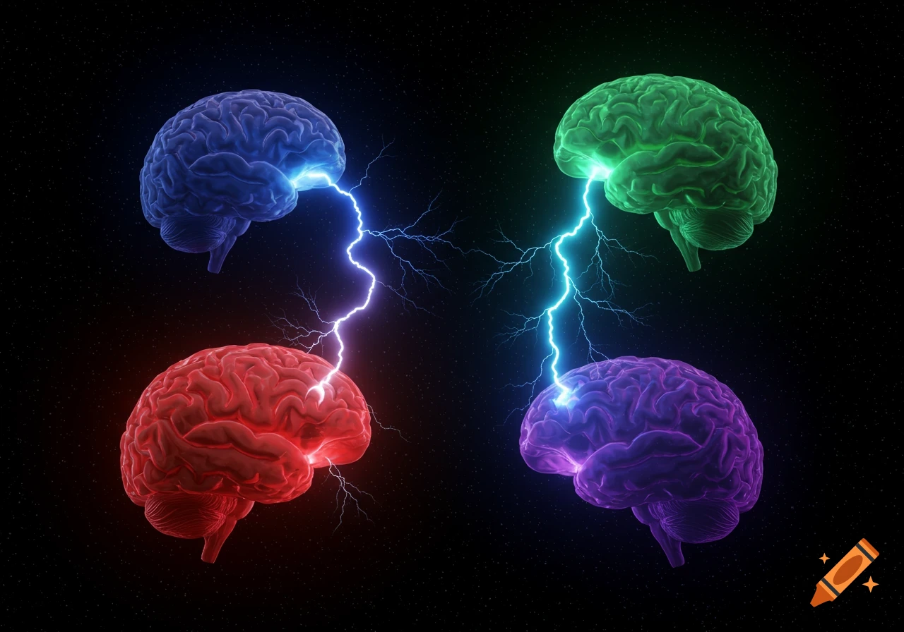 Four brightly colored brains (blue, red, green, purple) floating in a dark, star-filled space, connected by bolts of lightning.