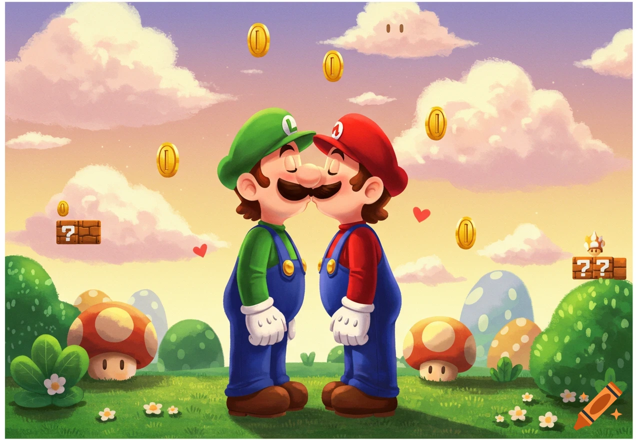 Mario and Luigi kiss in a cartoon Super Mario landscape with floating coins, question blocks, and mushrooms.