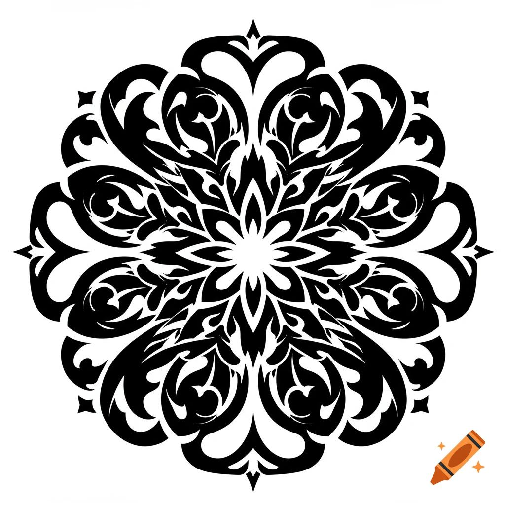 A black and white symmetrical round pattern with intricate floral and tribal stencil-like details.