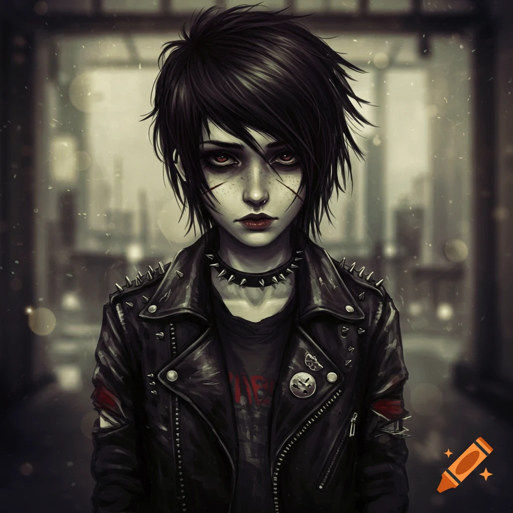 A pale, dark-haired person with red eyes and freckles wears a spiked leather jacket and choker against a blurred city background in a digital art style.