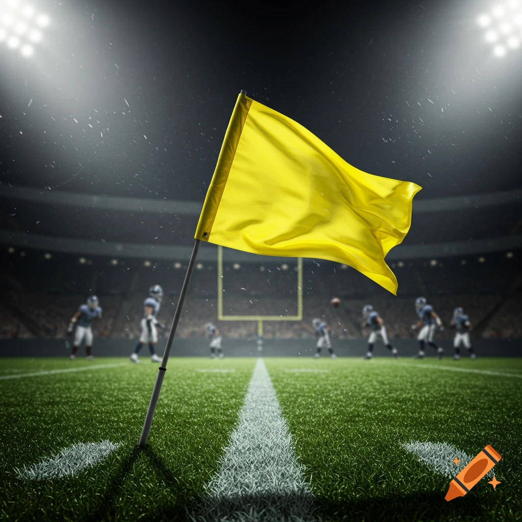 A yellow penalty flag stands on a photorealistic football field under bright stadium lights during a game.