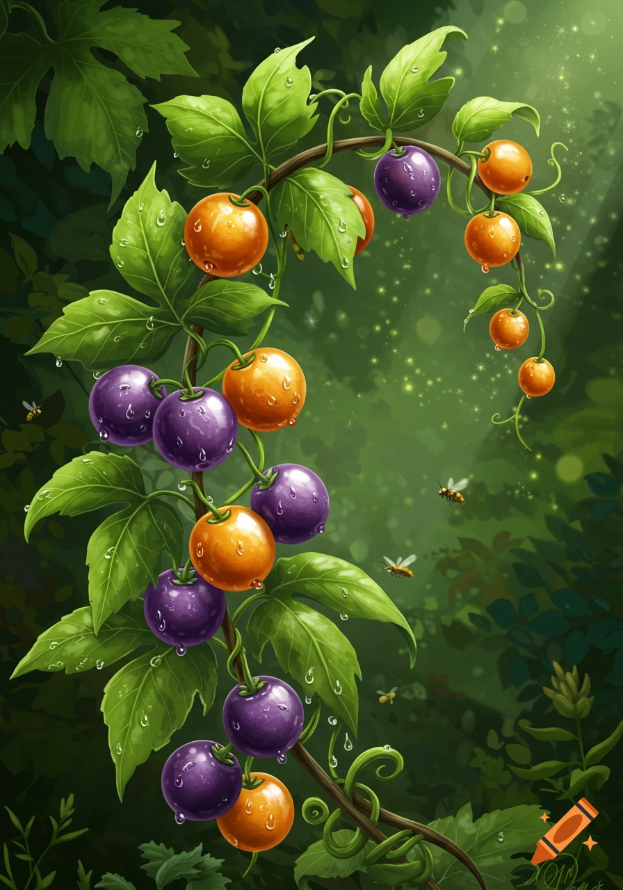 Illustrated vine with vibrant purple and orange berries, green leaves with water droplets, and bees, on a magical sparkling green background.
