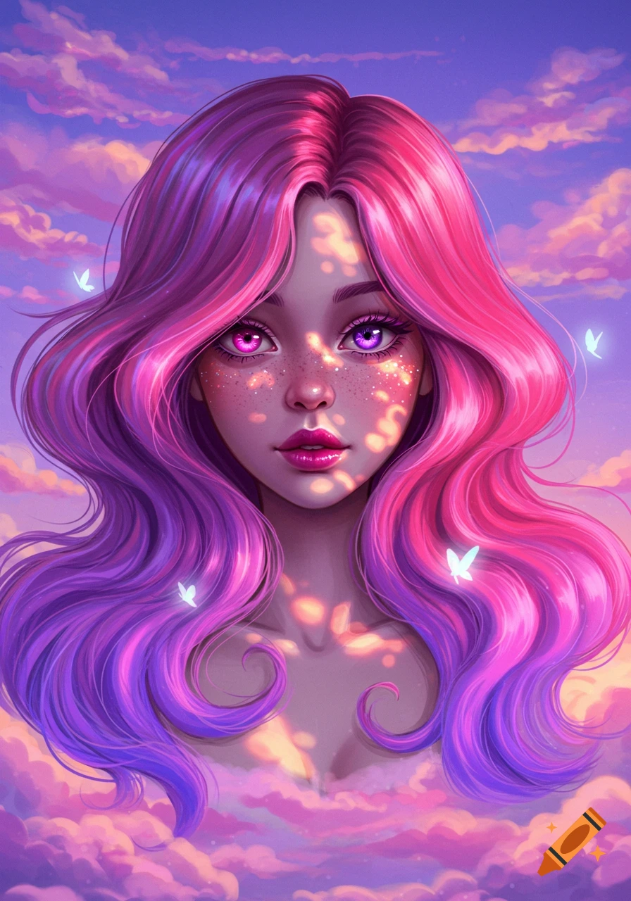 Fantasy portrait of a girl with flowing pink and purple hair, one pink eye and one purple eye, surrounded by dreamy pink and purple clouds with glowing butterflies.