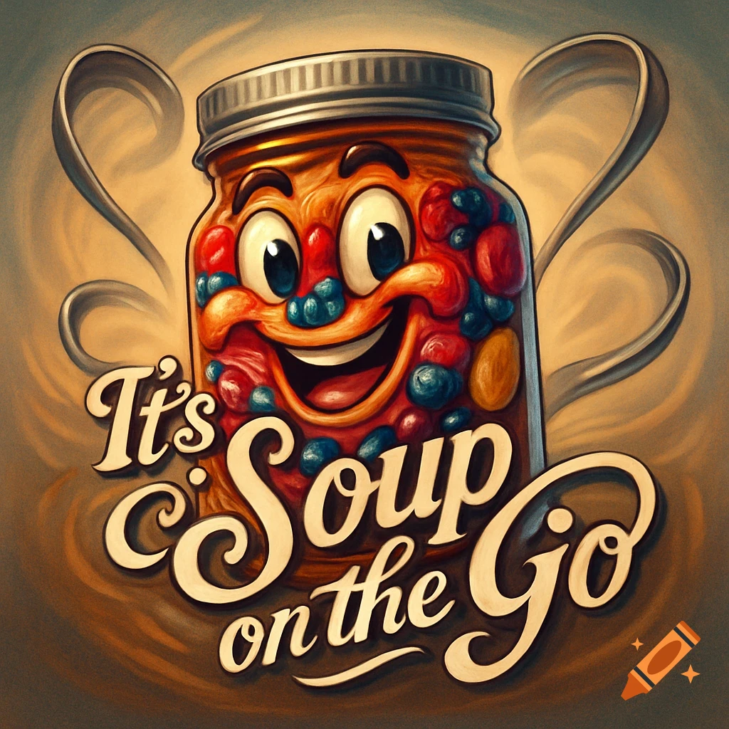 A cheerful, cartoon jam jar mascot with 'It's Soup on the Go' text on its label, in a surrealist logo style.