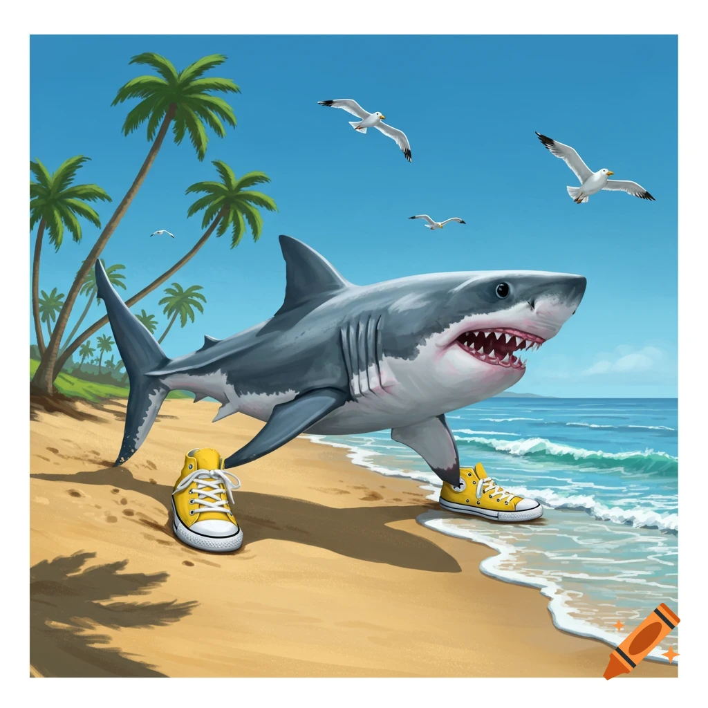 A cartoon shark wearing yellow sneakers stands on a sandy beach with palm trees and seagulls under a blue sky.
