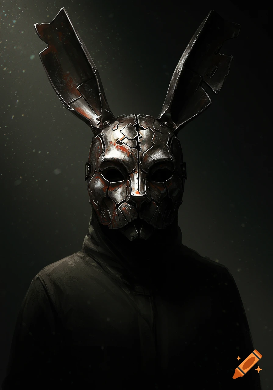 A person wearing a menacing, piecemeal metal bunny mask in a dark, chiaroscuro artistic style.